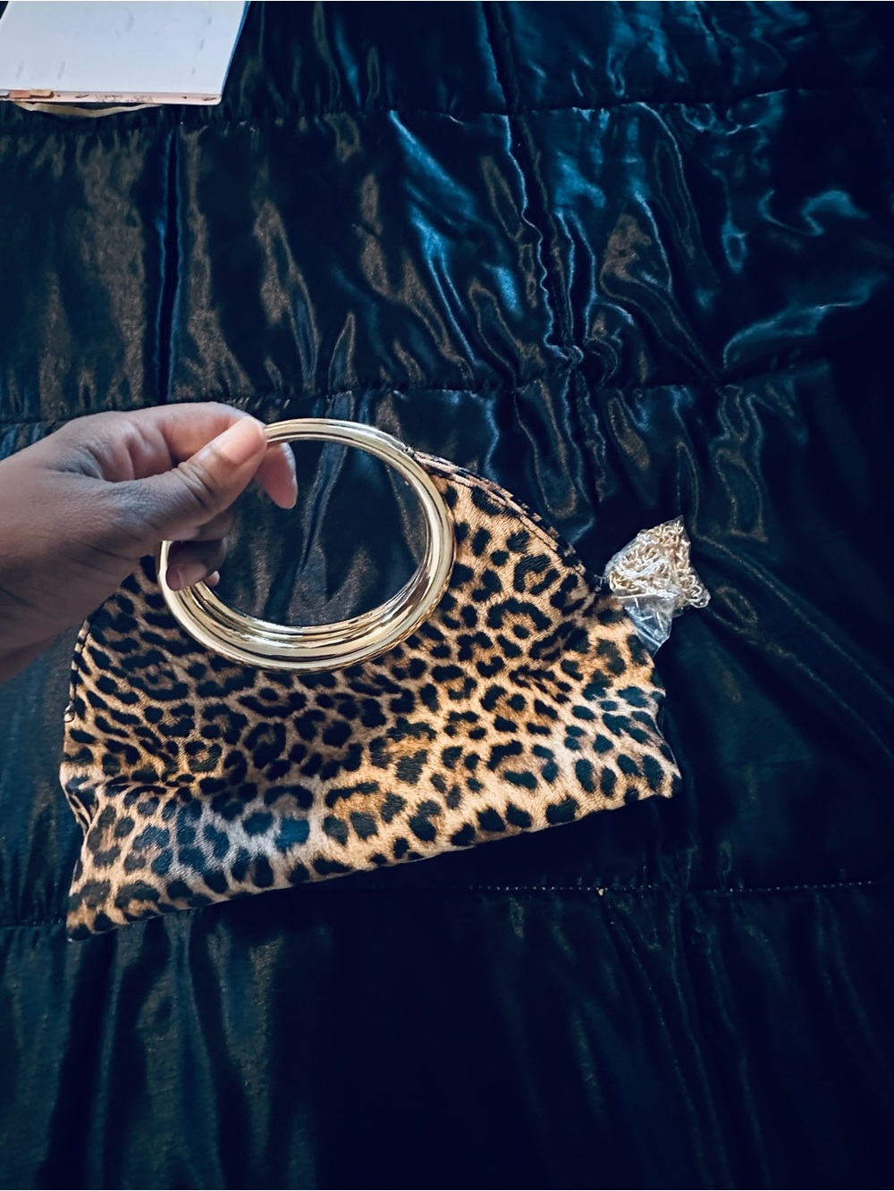 Leopard Print Ring-Handle Clutch Bag - Gold Accent